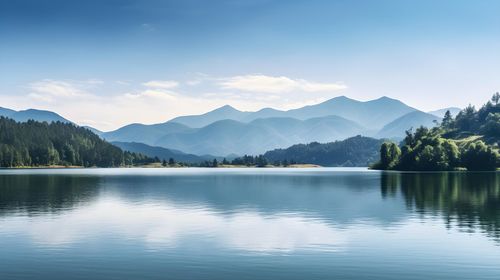 Scenic view of lake and mountains against sky