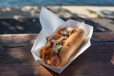 Close-up of hot dog on table