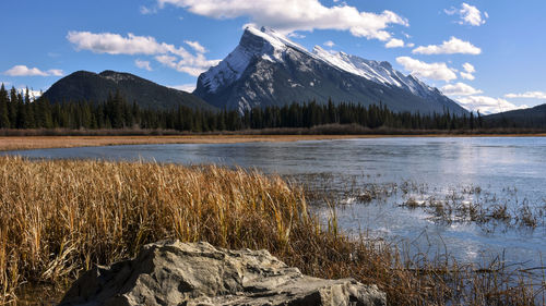 Scenic view of lake and mountains against sky