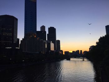 City at waterfront during sunset