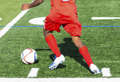 People playing soccer ball on grass