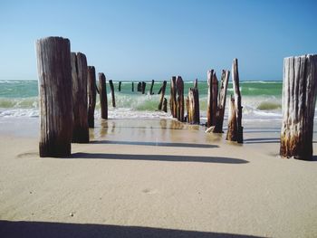 Wooden posts on beach against clear sky