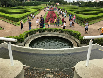 High angle view of people at farm