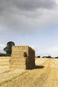 Hay bales on field against sky