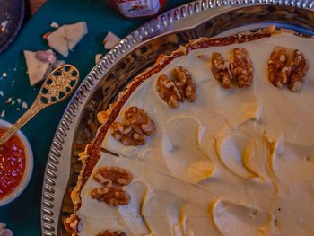 High angle view of dessert on table