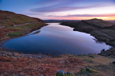 Peaceful alcock tarn at sunset