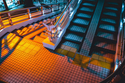 High angle view of illuminated modern building at night