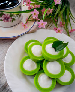 High angle view of dessert in plate on table