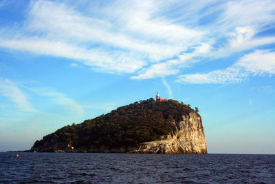 Lighthouse by sea against sky