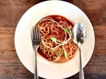 Directly above shot of noodles served in bowl