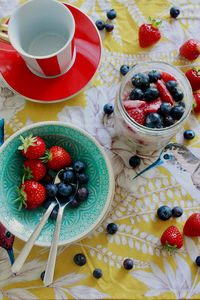 High angle view of dessert on table