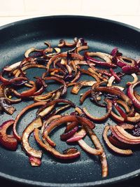 High angle view of meat in cooking pan