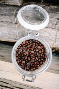 High angle view of coffee cup on table