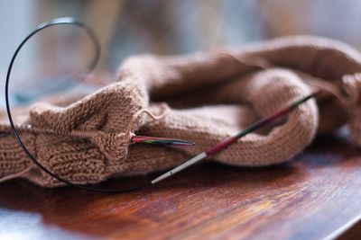 Close-up of wool on table