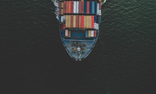 High angle view of boat moored on sea