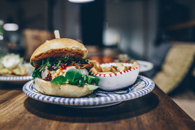 Close-up of burger on table