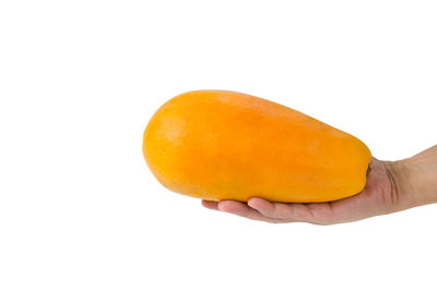 Close-up of hand holding apple against white background