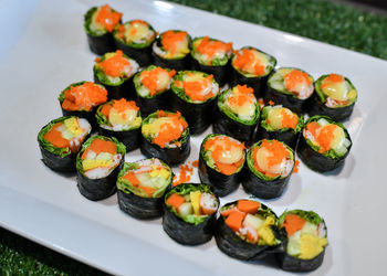 High angle view of sushi in plate on table