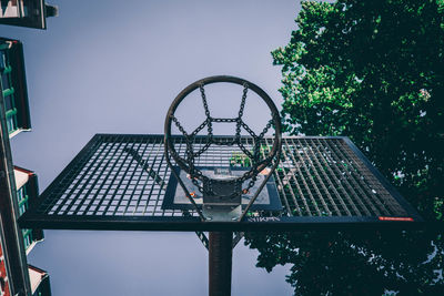 Low angle view of basketball hoop against clear sky