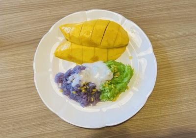 High angle view of food in plate on table