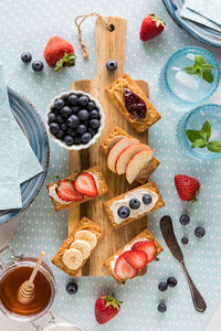 Breakfast crackers with various fresh fruit and cream cheese or nut butter.