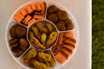 High angle view of food in plate on table