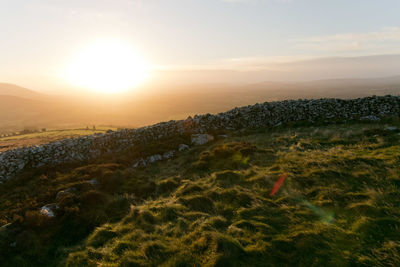 Dry stone wall on grassy hill with sun and lens flare