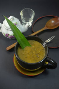 High angle view of soup in bowl on table