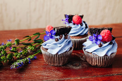 Close-up of cupcakes on table