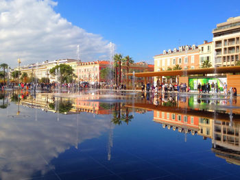 Reflection of buildings in a lake