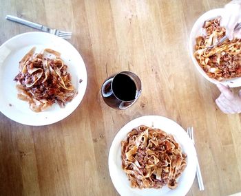 High angle view of breakfast served on table