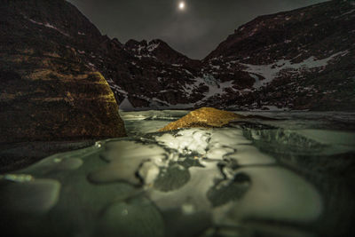Close-up of river against mountains at night
