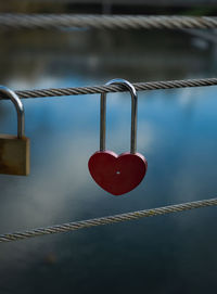 Close-up of padlocks on railing