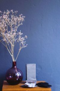 Close-up of potted plant on table against wall