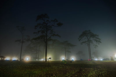 Low angle view of illuminated street lights on field against sky at night