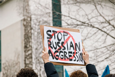 Stop war signs at a demonstration against the invasion of ukraine