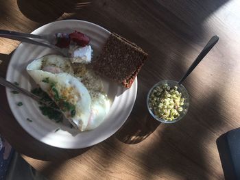 High angle view of breakfast served on table