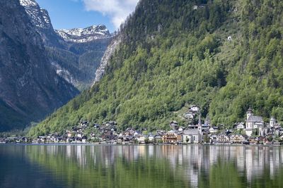 Scenic view of lake by trees and mountains