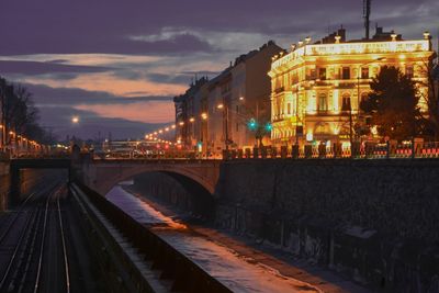 Bridge over river at dusk
