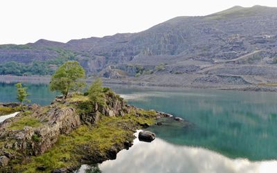 Scenic view of lake and mountains against sky