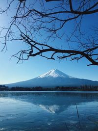 Scenic view of snowcapped mountains and lake against blue sky