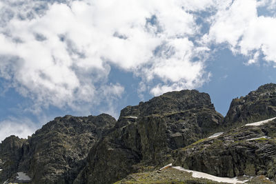 Low angle view of mountain against cloudy sky