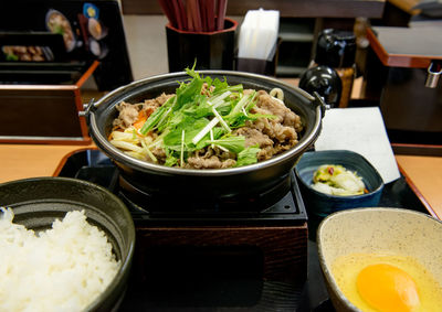 Close-up of meal served on table