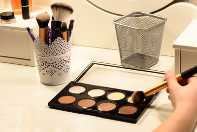 High angle view of person preparing food on table