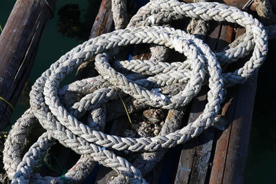 High angle view of rope on boat
