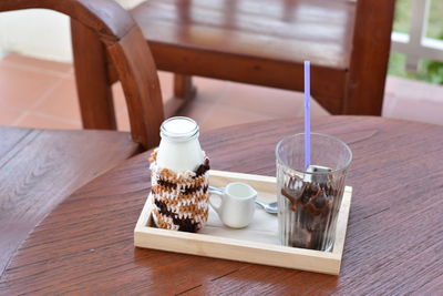 High angle view of breakfast on table