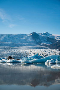 Scenic view of lake and snowcapped mountains against blue sky