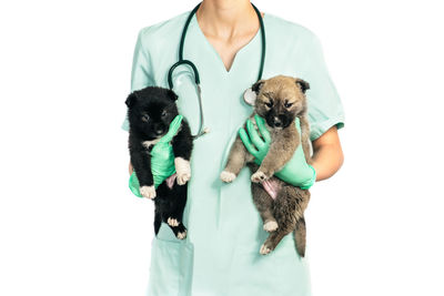 Man holding dog against white background