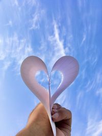 Person holding heart shape against sky