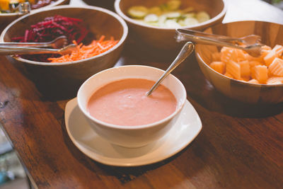 Close-up of soup in bowl on table